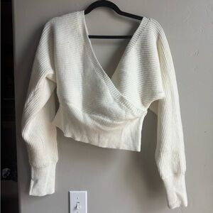 Nasty Gal Ribbed Wrap Knit Sweater White Cropped Clean Girl Cozy Cottagecore L